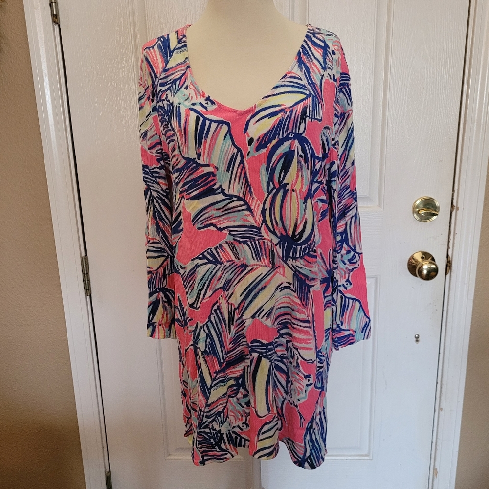 Lily Pulitzer Top Medium M/L Lantana Beach Tunic Pink Tropical Vacation Cottage